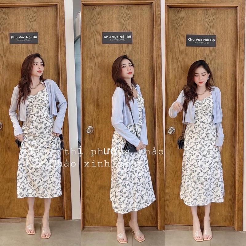 007 - SET ĐẦM MIDI HOA 2S KÈM KHOÁC XANH
