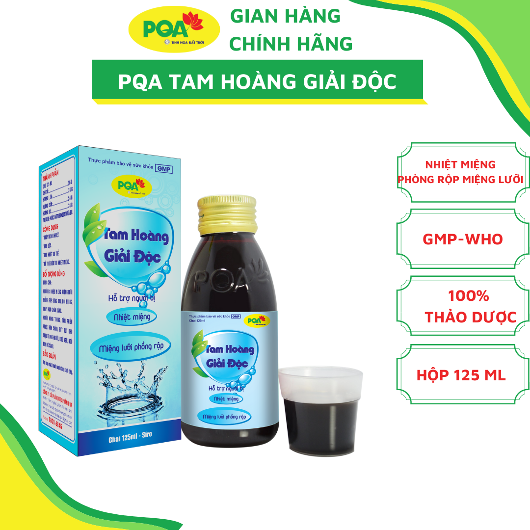 Siro Tam Hoàng Giải Độc PQA chai 125ml là dược phẩm thảo dược giúp thanh nhiệt, giải độc, hỗ trợ điều trị nhiệt miệng, nóng trong.