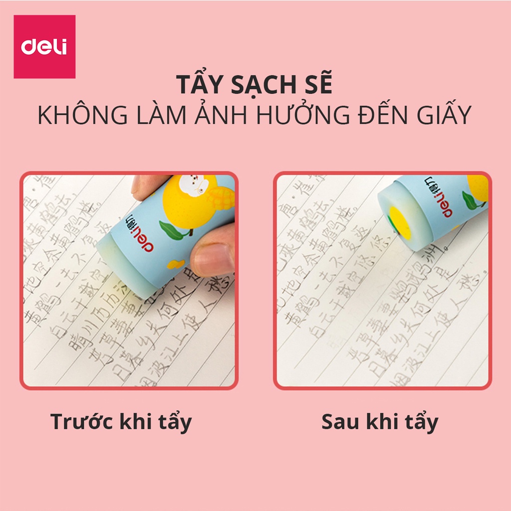 Tẩy hình trụ Deli hình vẽ hoa quả nhiều màu - Hồng/ Xanh dương/ Xanh ngọc - 71053