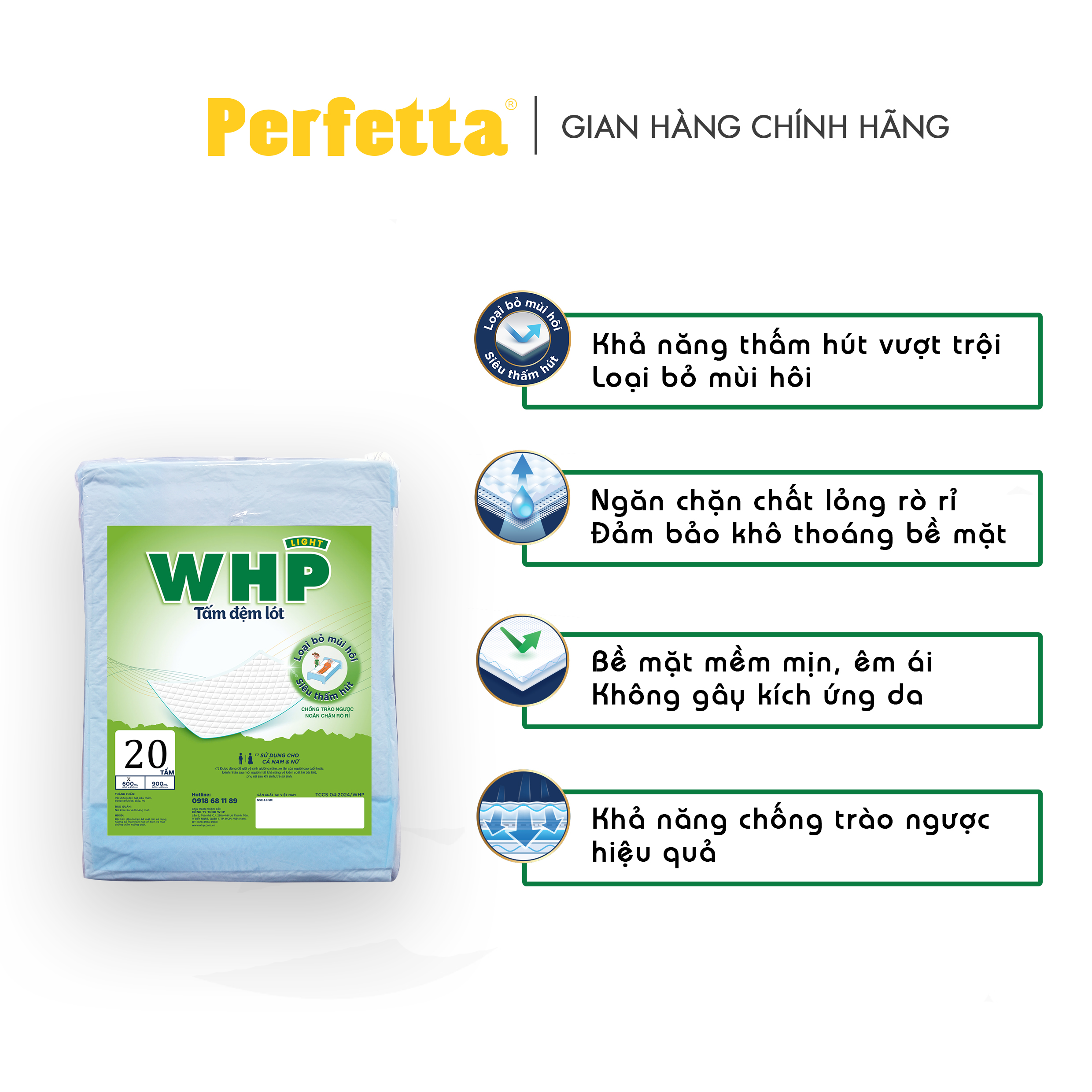 Tấm Đệm Lót WHP Underpad, Siêu Thấm Hút, Chống Trào Ngược, Khử Mùi Hiệu Quả Size 60x45 cm (8 miếng/túi)