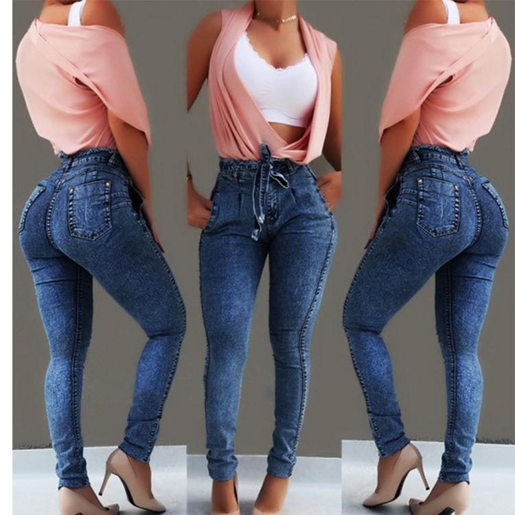Quần Jean Lưng Cao Cho Nữ Slim Căng Denim Jean Ôm Body Tua Rua Dây Băng Skinny Đẩy Lên Quần Lửng Jeans Nữ
