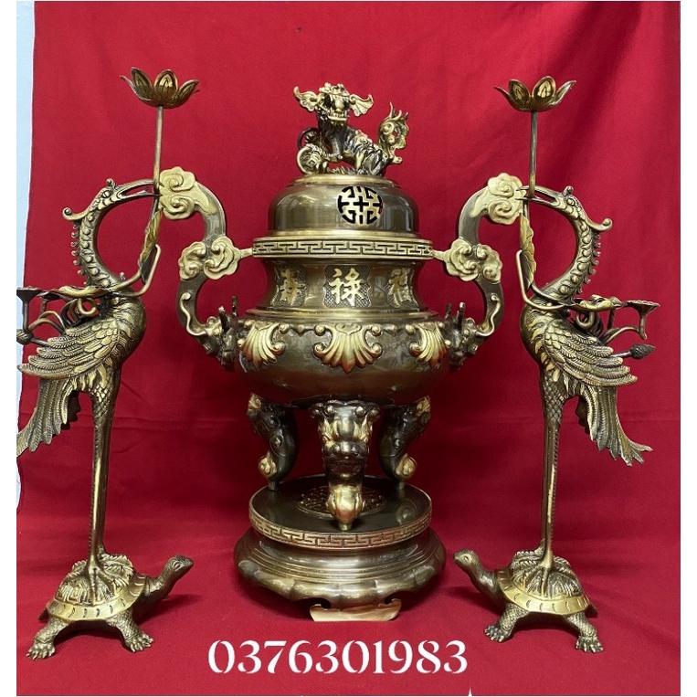 Bộ đỉnh ngũ sự đỉnh Hạc nến bằng đồng Đúc thủ công cao 50cm