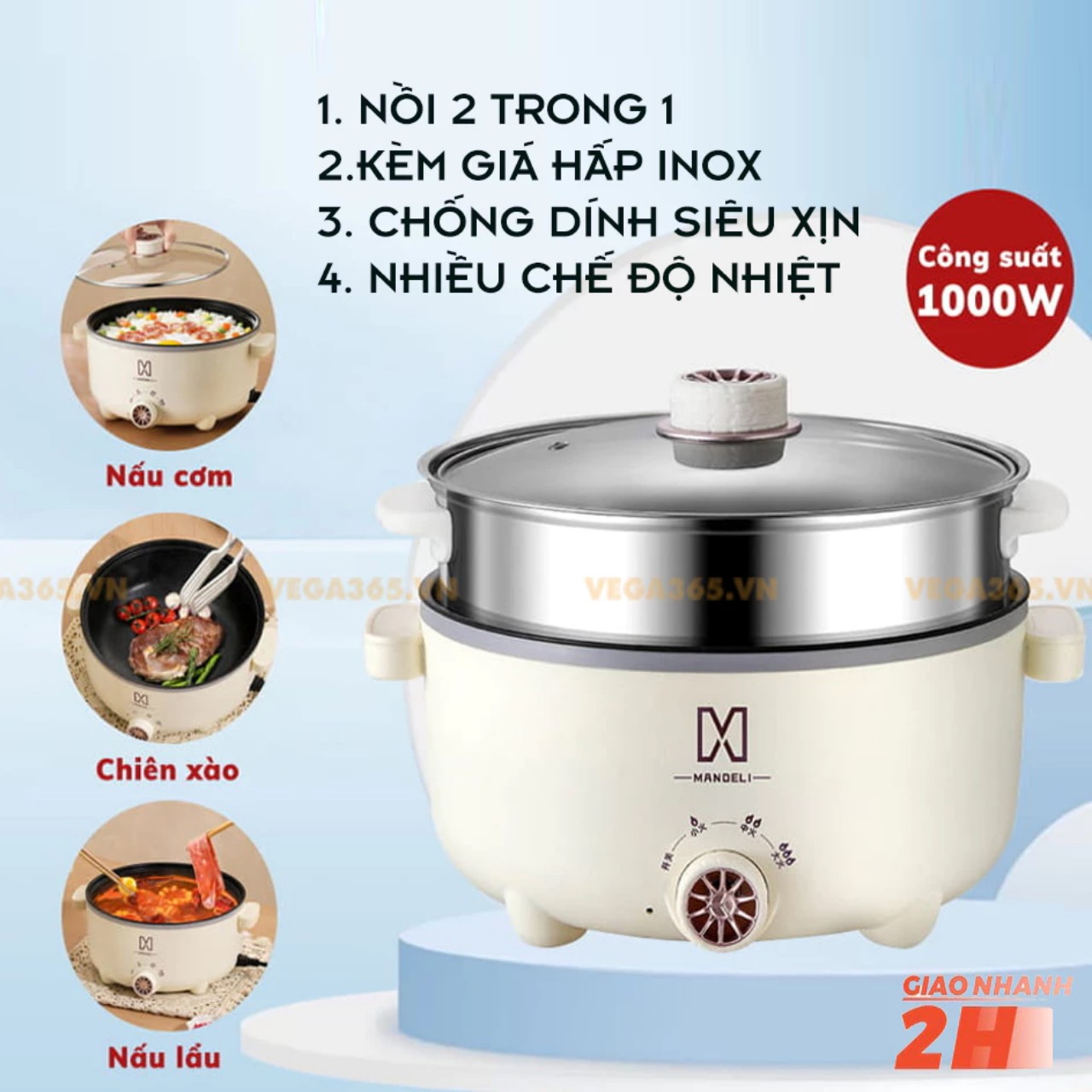 Nồi Lẩu Điện Đa Năng Mini Chống Dính Vân Đá Cao Cấp Công Suất 1000W, Nồi Điện Đa Năng Kèm Xửng Hấp Inox 28cm Dung Tích 4L Phù Hợp Cho Gia đình -Hàng Chính hãng MINIIN