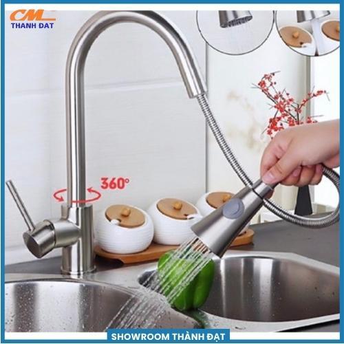 Vòi nước bồn rửa chén, vòi rửa bát nóng lạnh đầu dây rút INOX phủ Nano đen tặng kèm 2 dây cấp nước