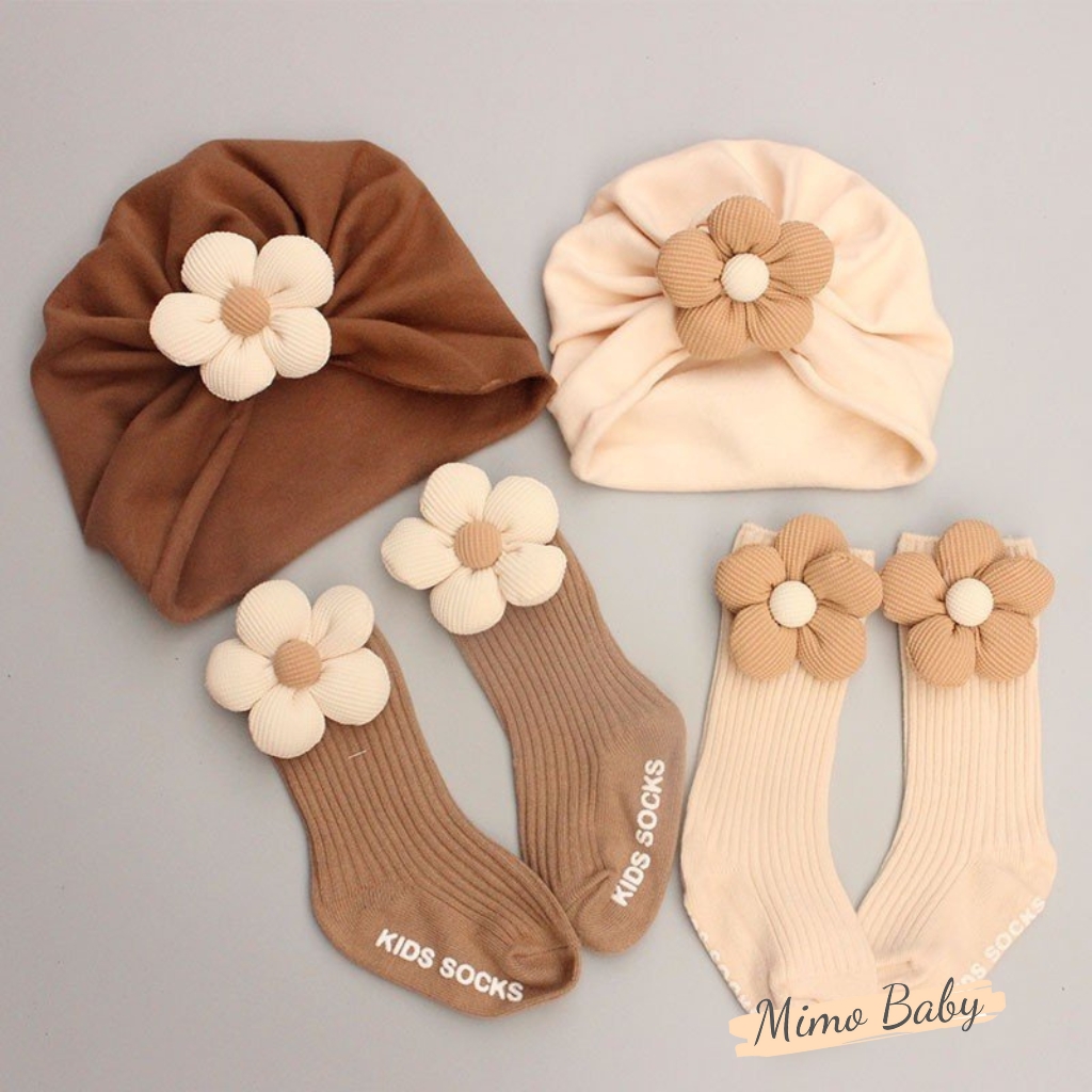 Set tất mũ turban đính hoa nâu be đáng yêu cho bé T49 Mimo Baby