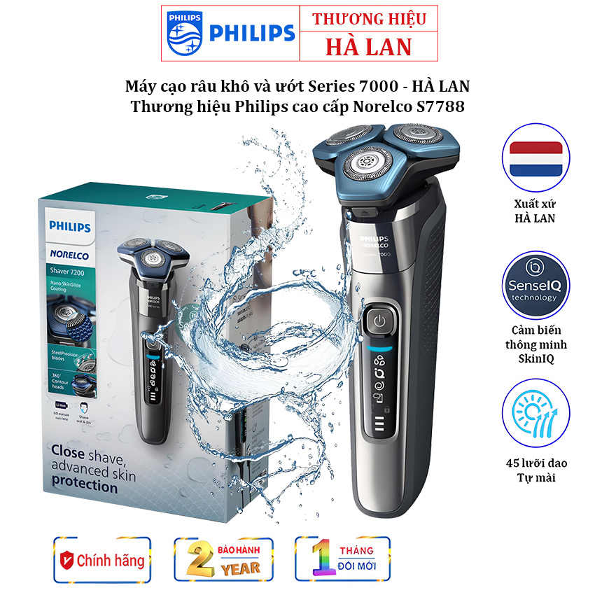 Máy cạo râu khô và ướt Series 7000 cao cấp Thương hiệu Philips Hà Lan Norelco S7788 - Hàng Nhập Khẩu