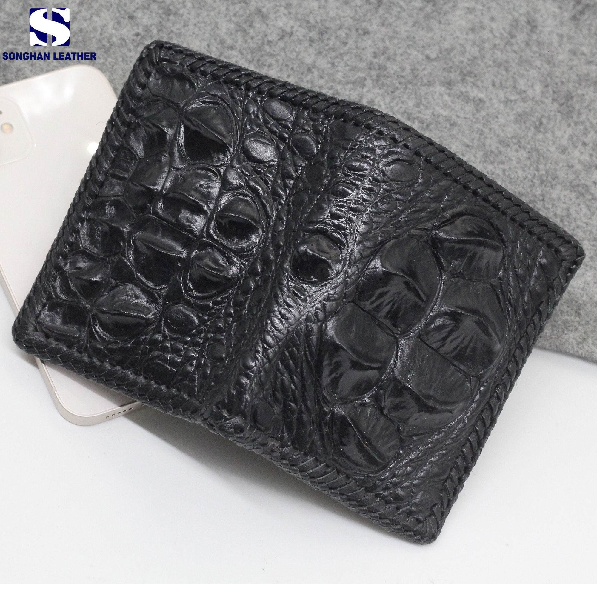 Ví  Da Cá Sấu Lớn Đan Viền Đứng Hai Mặt Đan Viền Songhan Leather WL099.Bóp Da Nam Đan Viền Thủ Công Khâu Tay.Bảo Hành 12 Tháng