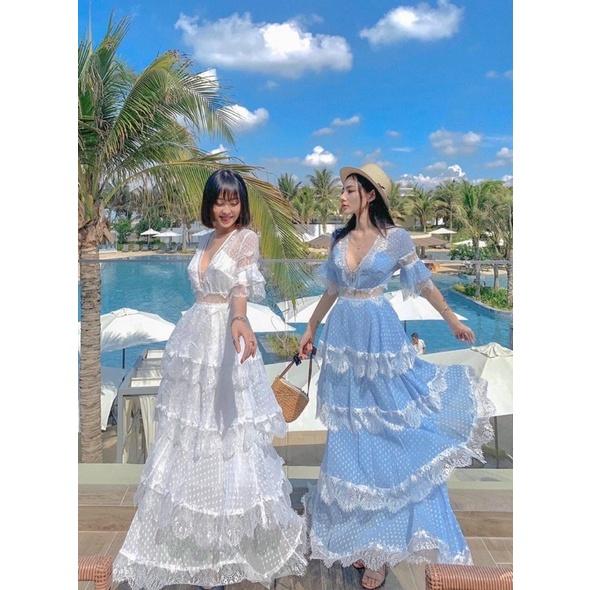Đầm maxi bi tầng phối ren