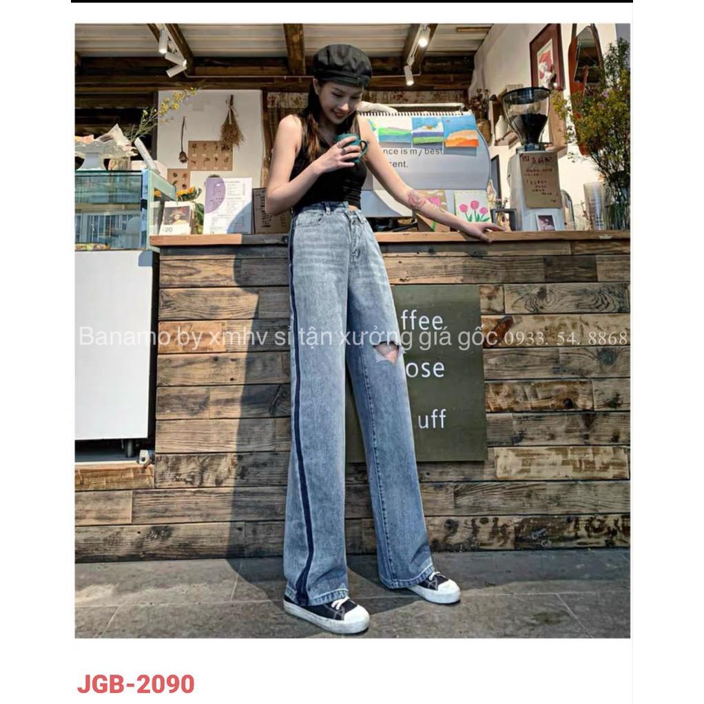 Quần JEANS nữ ống rộng lưng cao rách đùi cá tính thời trang 968