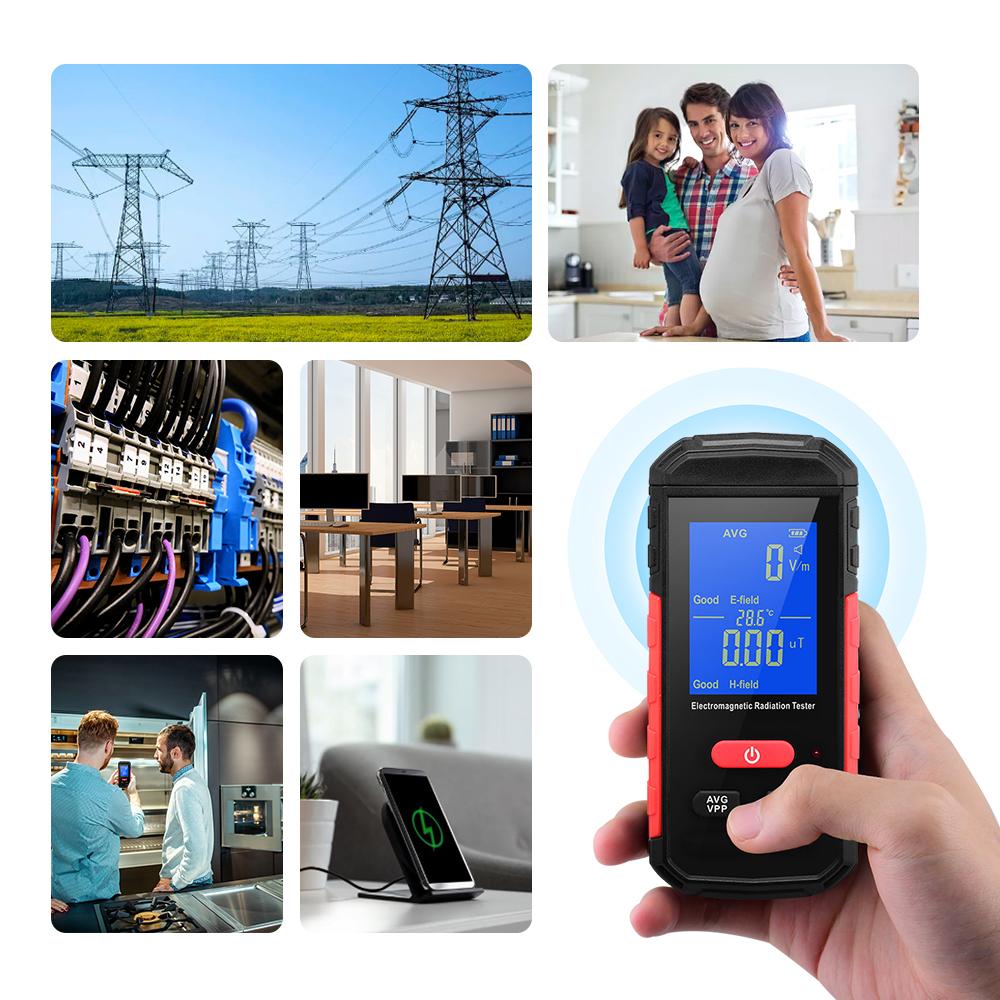 Digital Electromagnetic Radiation Tester EMF Meter LCD Backlight Portable Electric Magnetic Field Radiation Detection Alarm Average/ Peak Mode Rechargeable for Home Appliances Offices Industrial Workplaces