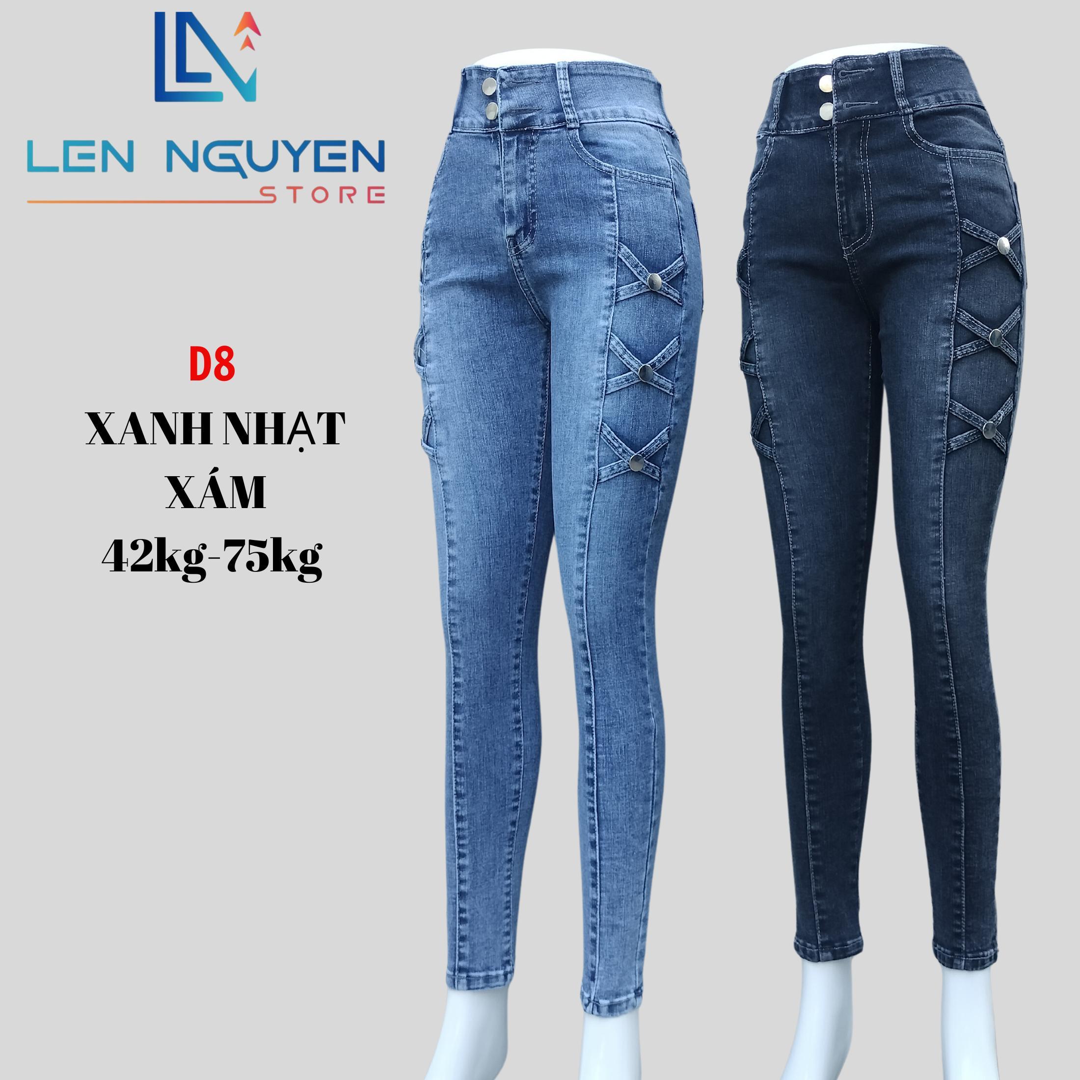 D8_Quần Jean Nữ ,Dài 95cm, Thiết Kế Thêu 2 Nút Lưng Cao,Quần bò nữ, Ôm gọn lưng cao, co giãn  - Xanh Đậm