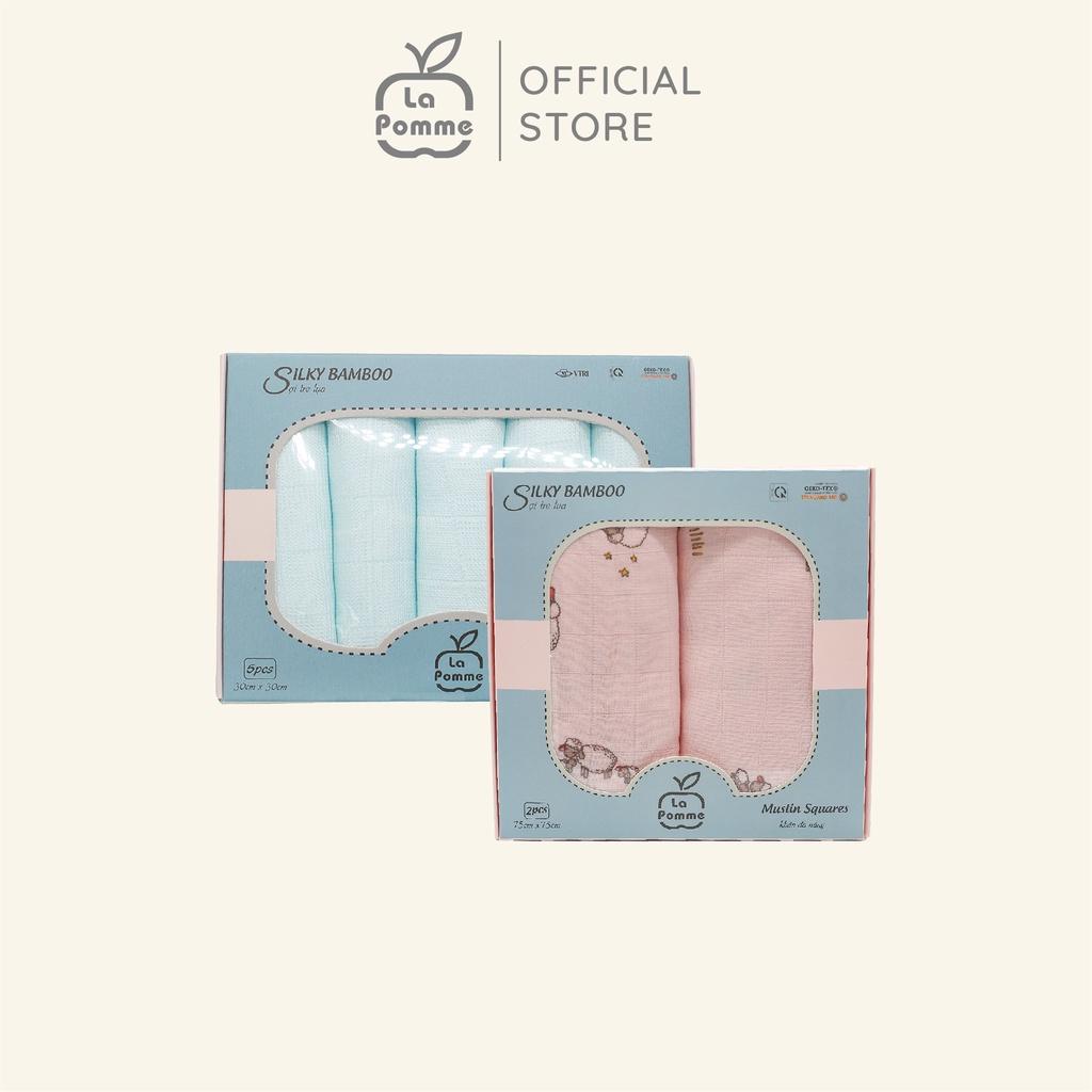 Combo 2 K001 Set 5 Khăn sữa (30x30cm) màu Xanh + K002 Set 2 Khăn đa năng sợi tre lụa La Pomme (75x75cm) - Pink Sheep