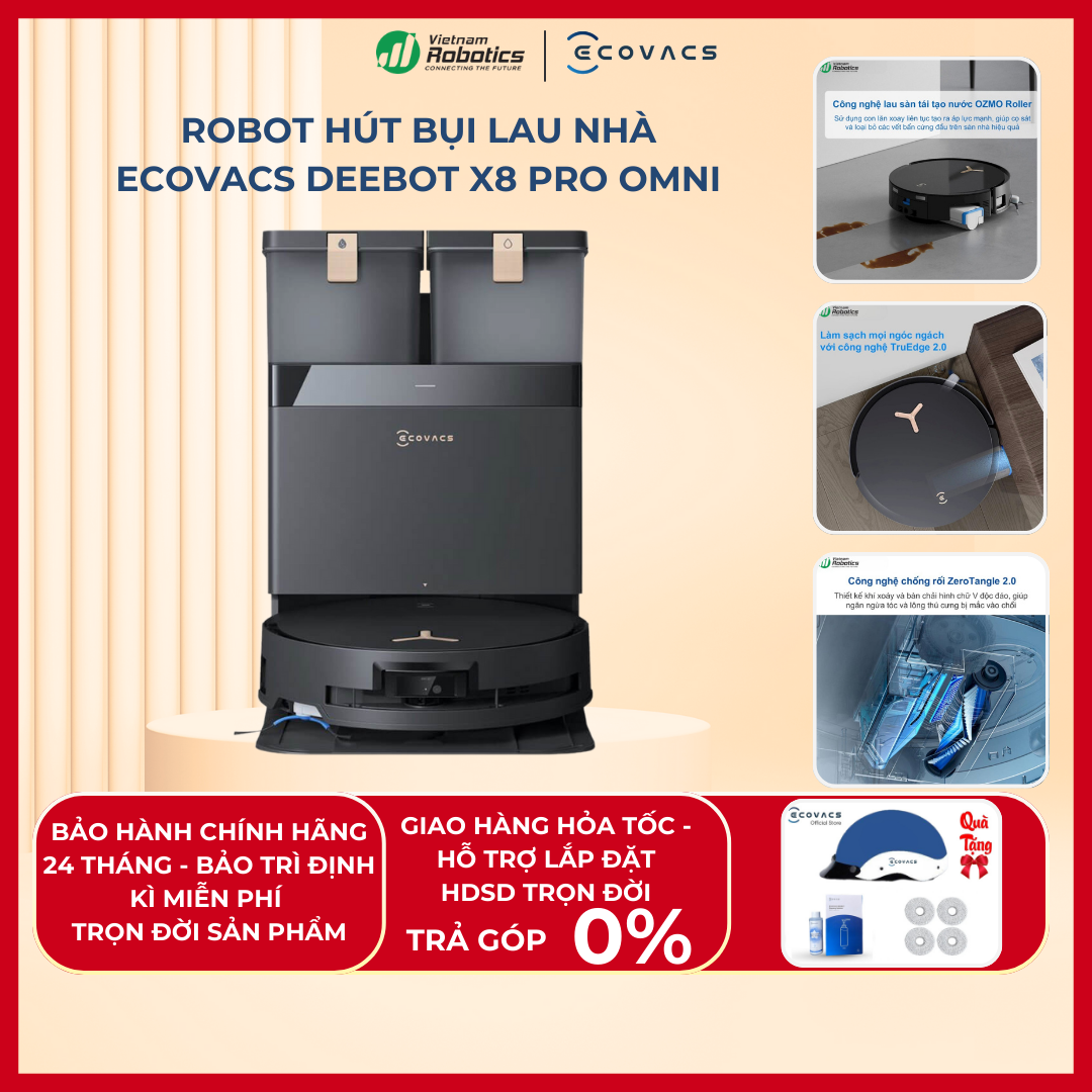 Robot hút bụi Ecovacs Deebot X8 Pro Omni – Bản Quốc Tế 2025 - Lực hút 18000Pa - Pin 6400mAh - Hàng chính hãng