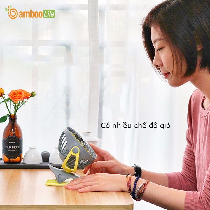 Quạt mini, quạt tích điện để bàn cầm tay Bamboo Life chính hãng dung lượng pin 4000mAh xoay 360 độ sạc pin kẹp nôi kẹp xe đẩy cho bé