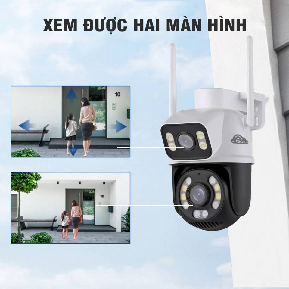 Camera Wifi Vitacam 2 Mắt DZ8000 8MP, Xem 2 Màn Hình Cùng Lúc, Xoay 360 Siêu Nét, đàm thoại 2 chiều - Hàng chính hãng