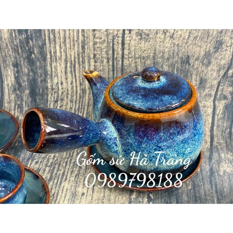 Bộ ấm chén quai ngang kiểu Nhật gốm sứ Bát Tràng cao cấp men hoả biến thiên thanh dung tích 420ml
