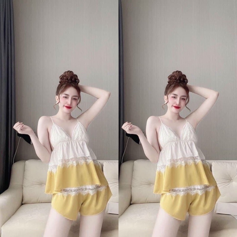 Bộ ngủ 2 dây sexy, bộ satin 2 dây quần đùi phối ren, dây áo điều chỉnh được freesize dưới 57kg