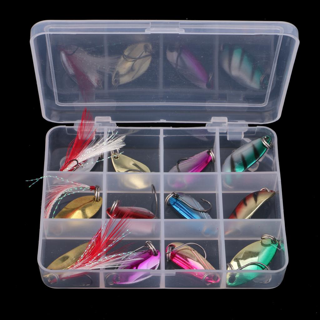 12Pcs Metal Fishing Lures Spoon Spinner Baits Treble Hook with Box