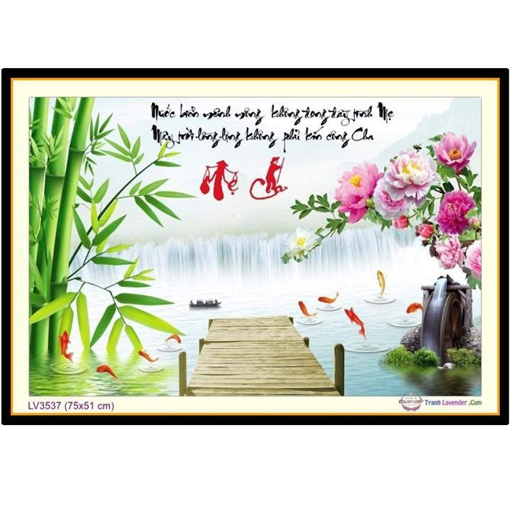 Tranh thêu cha mẹ cành trúc hoa mẫu đơn LV3537 - kích thước: 75 * 51cm.