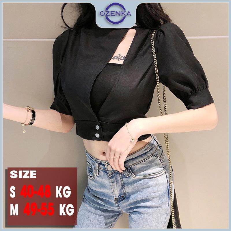 Áo croptop ôm nữ tay lỡ cổ cao cài khuy gợi cảm OZENKA , crt kiểu hàn quốc thun 100% cotton tự nhiên đen trắng dưới 55kg