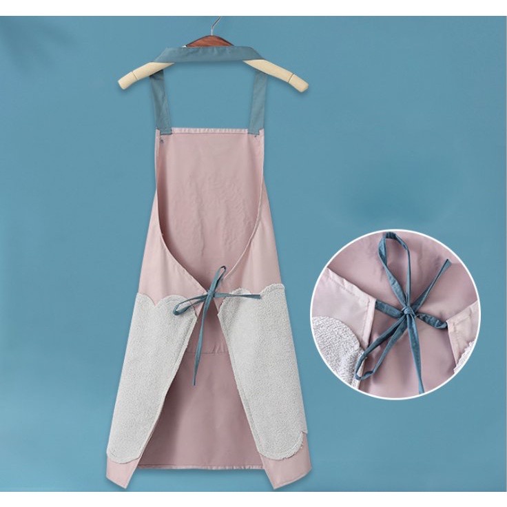 Tạp dề nấu ăn chống thấm nước, tạp dề pha chế có túi, tạp dề hoạ tiết có khăn lau bên hông