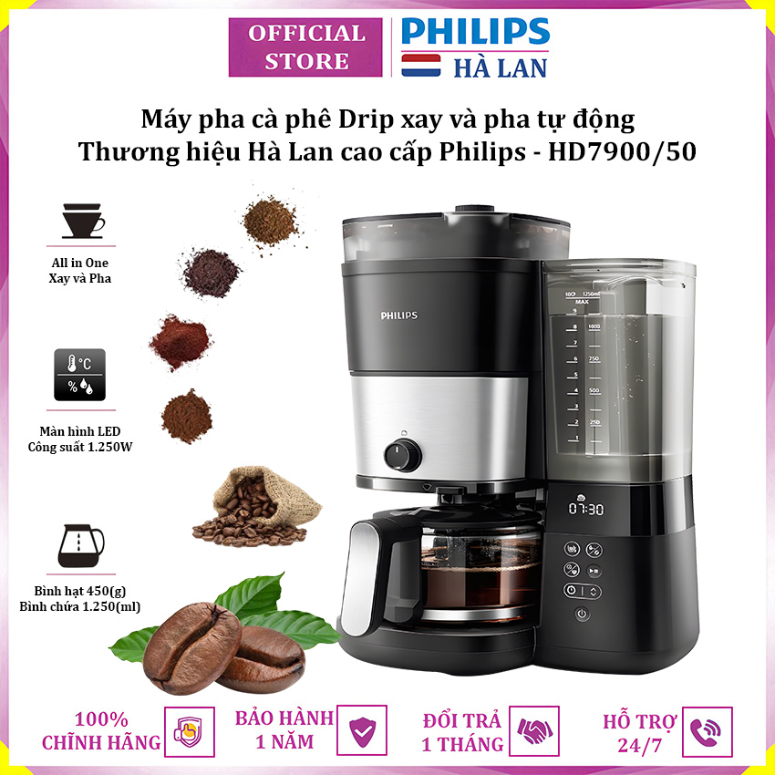 Máy pha cà phê Drip xay và pha tự động thương hiệu Hà Lan Philips HD7900/50 - Hàng nhập khẩu (Bảo Hành 12 Tháng)