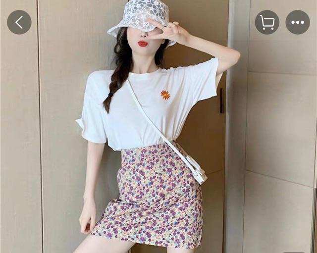Set áo thêu hoa và chân váy hoa nhí