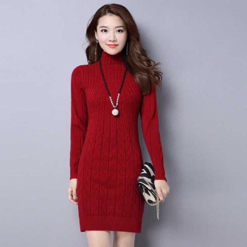 Váy len body cổ cao, áo len trung niên nữ dáng dài cho bà cho mẹ