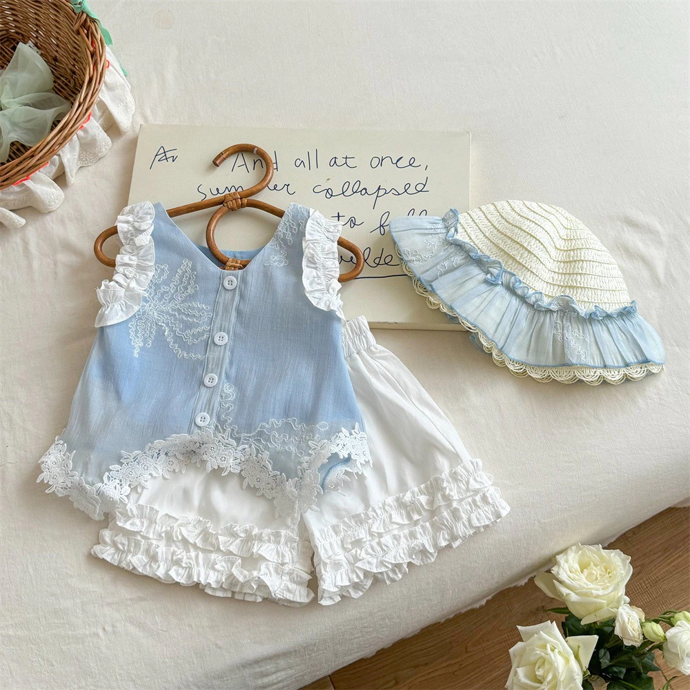 Set Bộ Áo Viền Hoa Quần Viền Kèm Nón Từ 1-8 Tuổi Từ 10.5-25.5kg Dành Cho Bé Gái