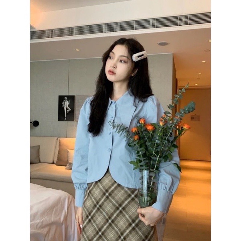 Áo Sơ Mi Croptop Cổ Sen Chất Kaki Thô Không Nóng