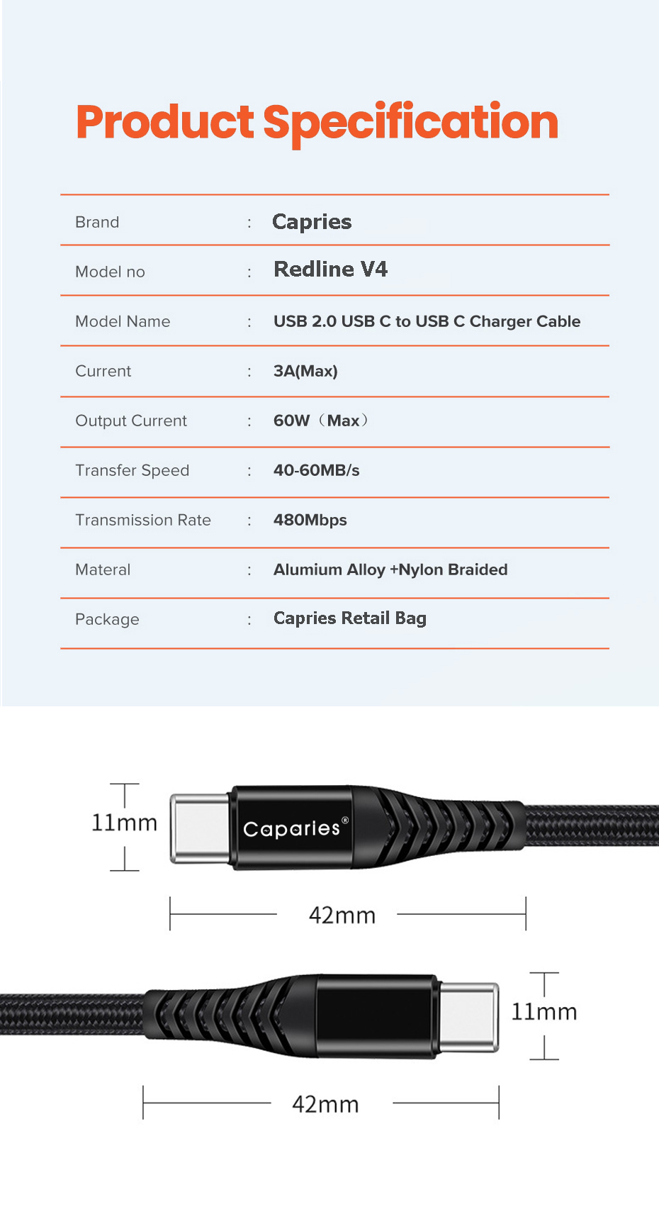 Dây Cáp Sạc 60W USB Type C To Type C Chuẩn QC 3.0  Caparies CPR V4 - Hàng Chính Hãng