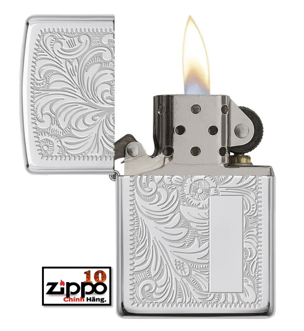 Bật lửa Zippo 352 Hoa Văn Trắng High Polish Chrome Venetian Design - Chính hãng 100%