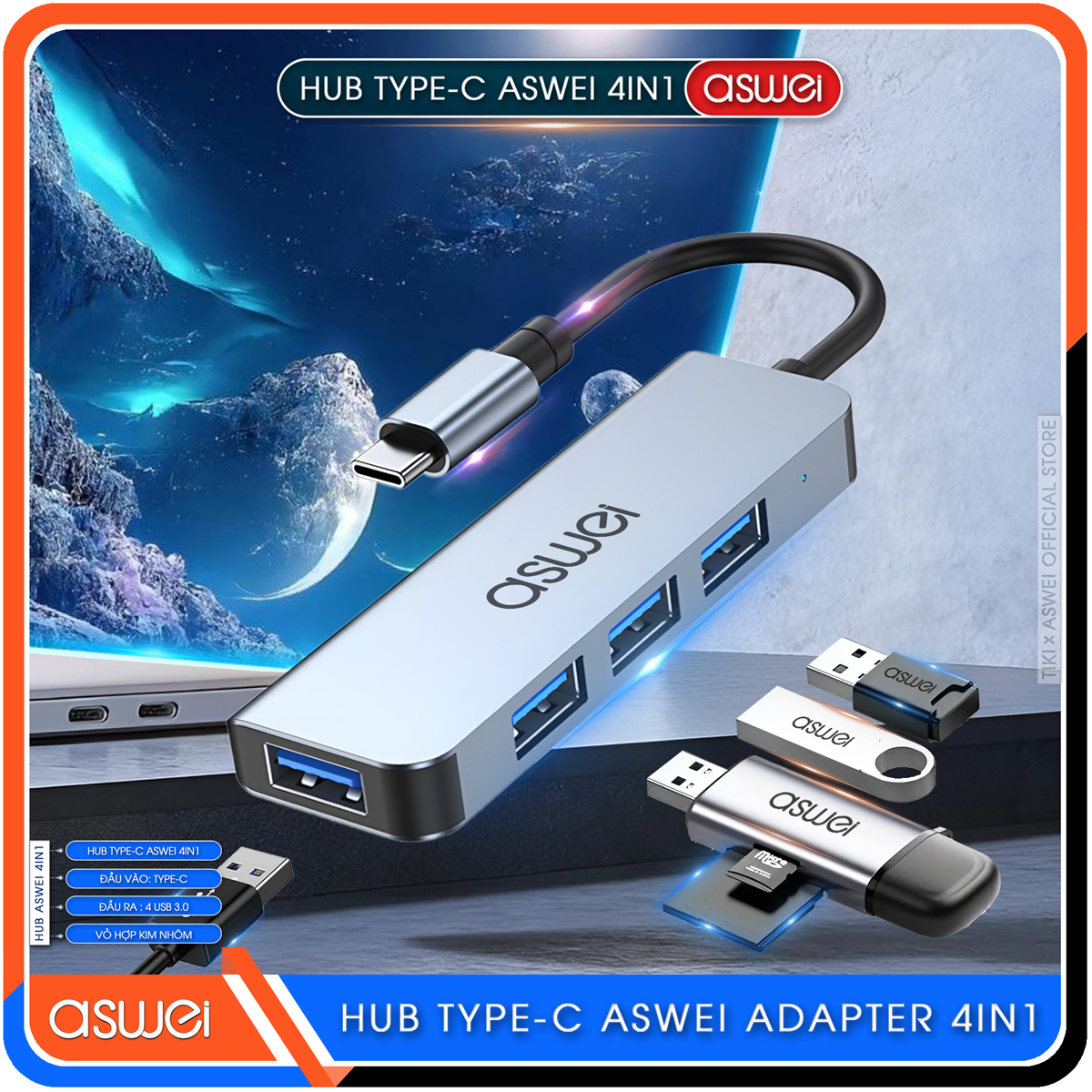 Hub Type C Và Hub USB 3.0 ASWEI 4 in 1 To 4 USB 3.0 - Hàng Chính Hãng