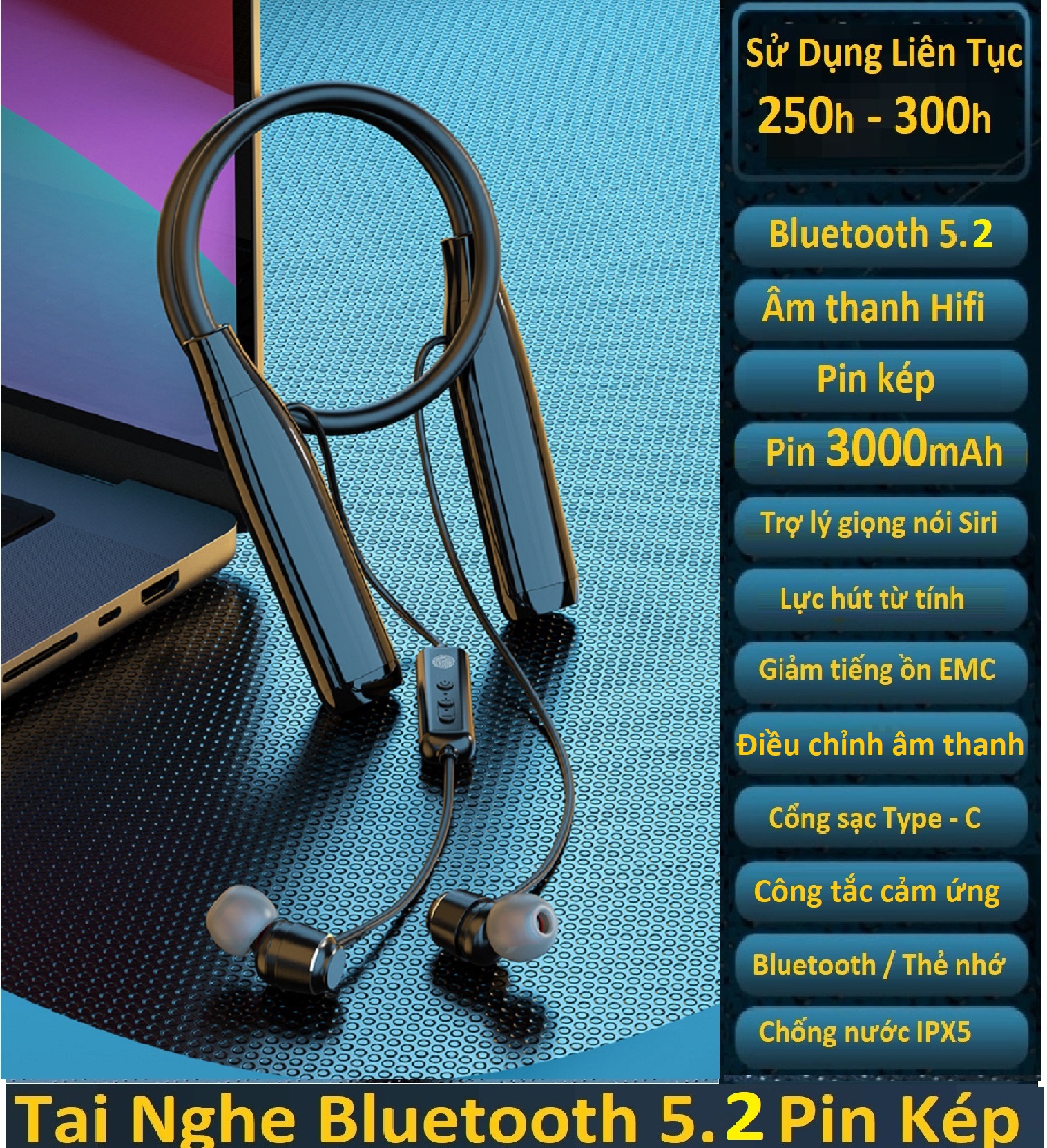 Tai Nghe N97 Bluetooth 5.2 Pin Kép 3000mAh Nghe Nhạc - Đàm Thoại Lên Đến 300 Giờ , Có Thể Điều Chỉnh Âm Thanh , Có Khe Lắp Thẻ Nhớ TF.