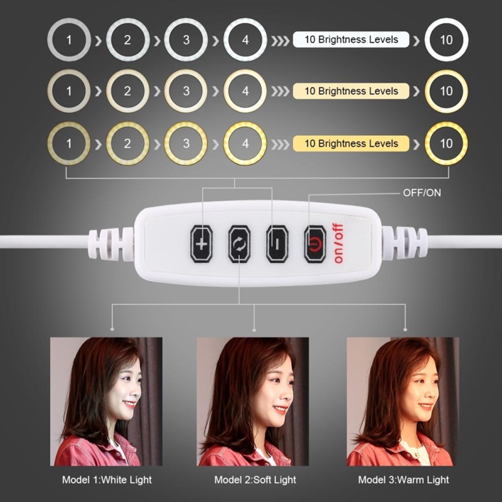 4.7"/6.2"/10.2" USB 3 Modes Dimmable Selfie Ring Light + Tripod Stand 3.14"-5.7" Makeup