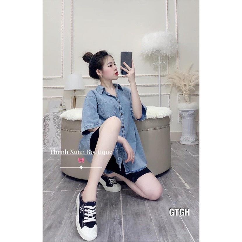 Áo Sơ Mi Bò Cộc Tay Túi Trước Vải Denim Dáng Rộng