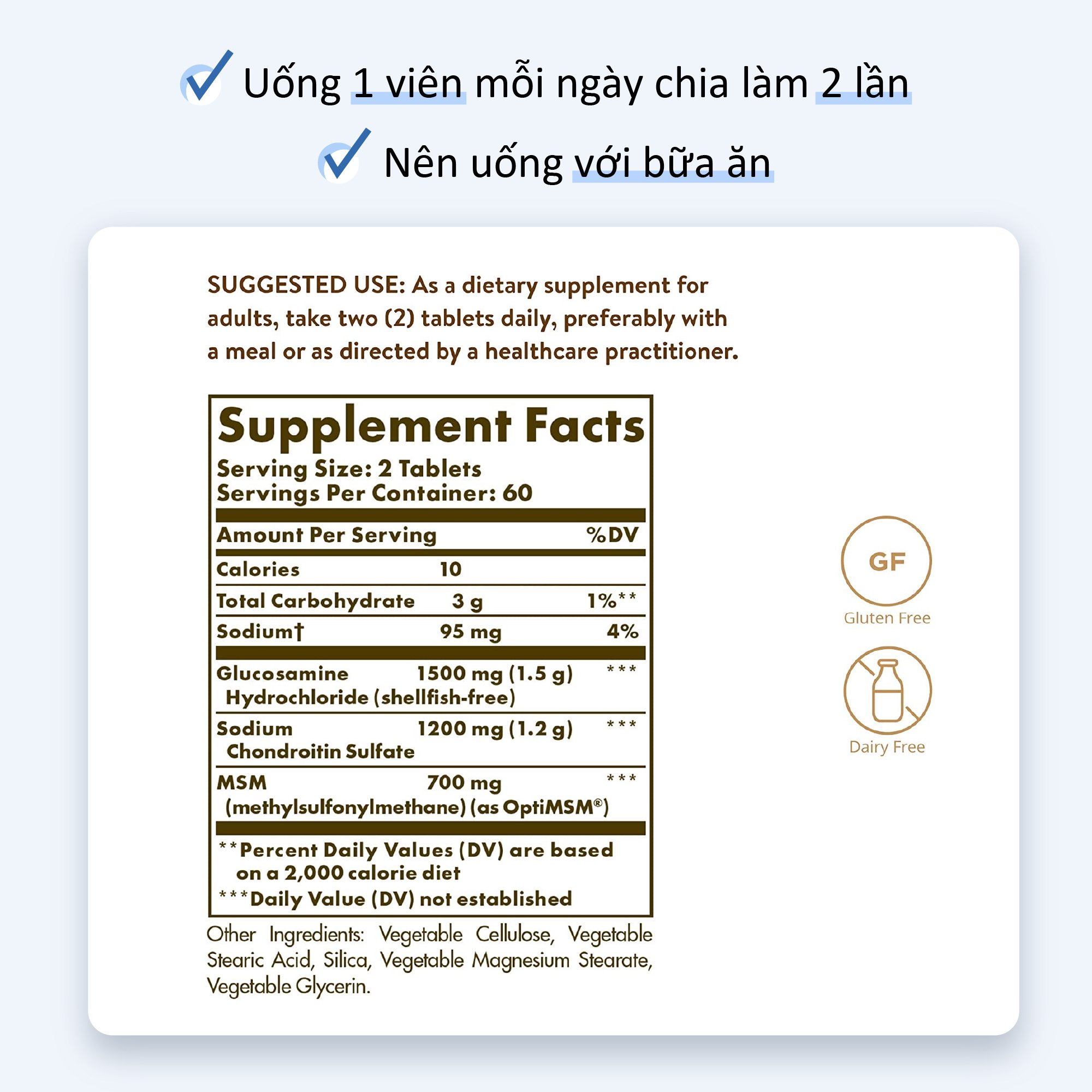 NHẬP KHẨU USA CHÍNH HÃNG - Viên uống hỗ trợ bôi trơn xương khớp, tăng cường độ đàn hồi tế bào sụn Solgar Glucosamine Condrotin MSM
