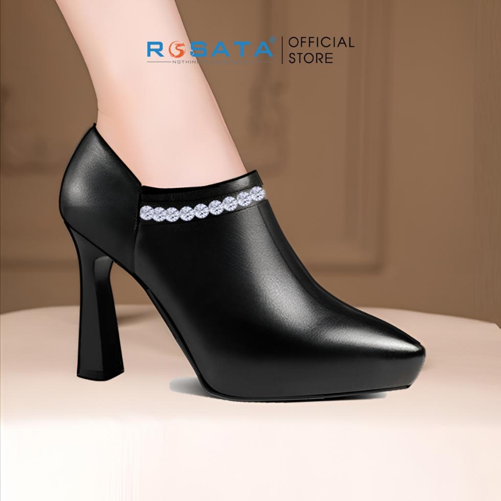 Giày bốt nữ cổ thấp đế nhọn 9 phân mũi nhọn đính hạt xỏ chân êm ái ROSATA RO595 ( BẢO HÀNH 12 THÁNG ) - ĐEN