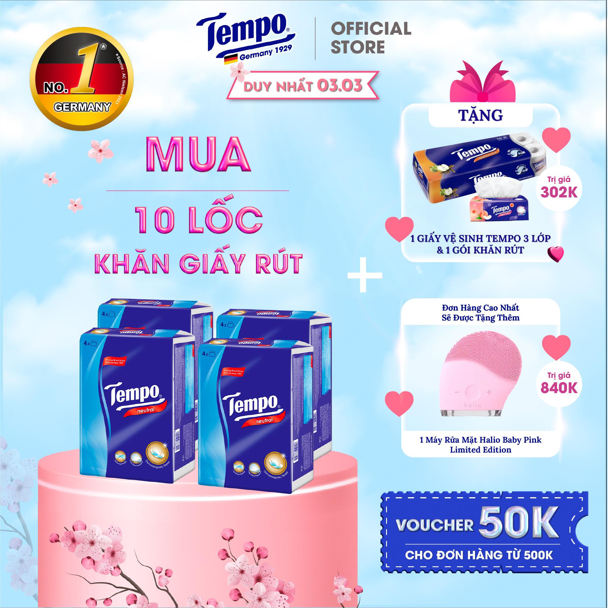 [MUA 10 LỐC TẶNG 1 LỐC GVS 3 LỚP + 1 BĂNG ĐÔ THỎ] Khăn Giấy Rút Cao cấp Tempo  - 4 Lớp Bền Dai, An Toàn Cho Da - Thương Hiệu Đức