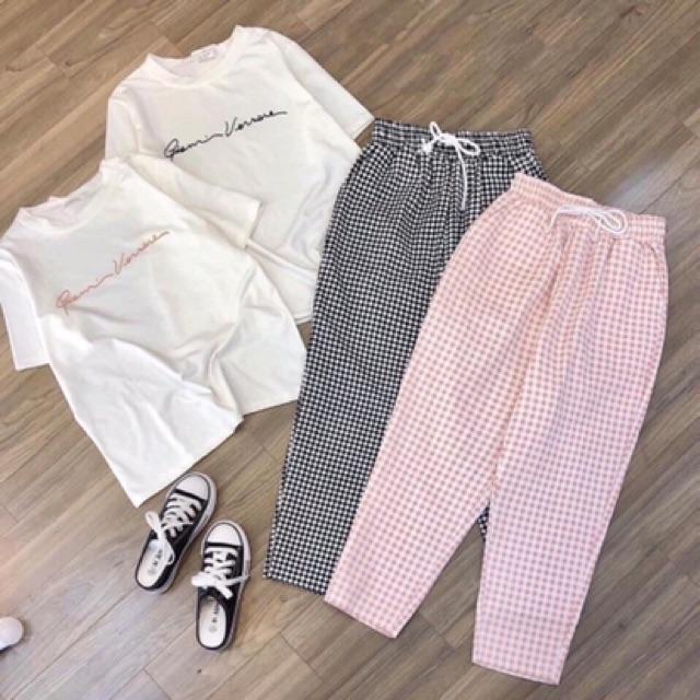 Sét bộ áo thun cotton in kèm quần kate trẻ trung