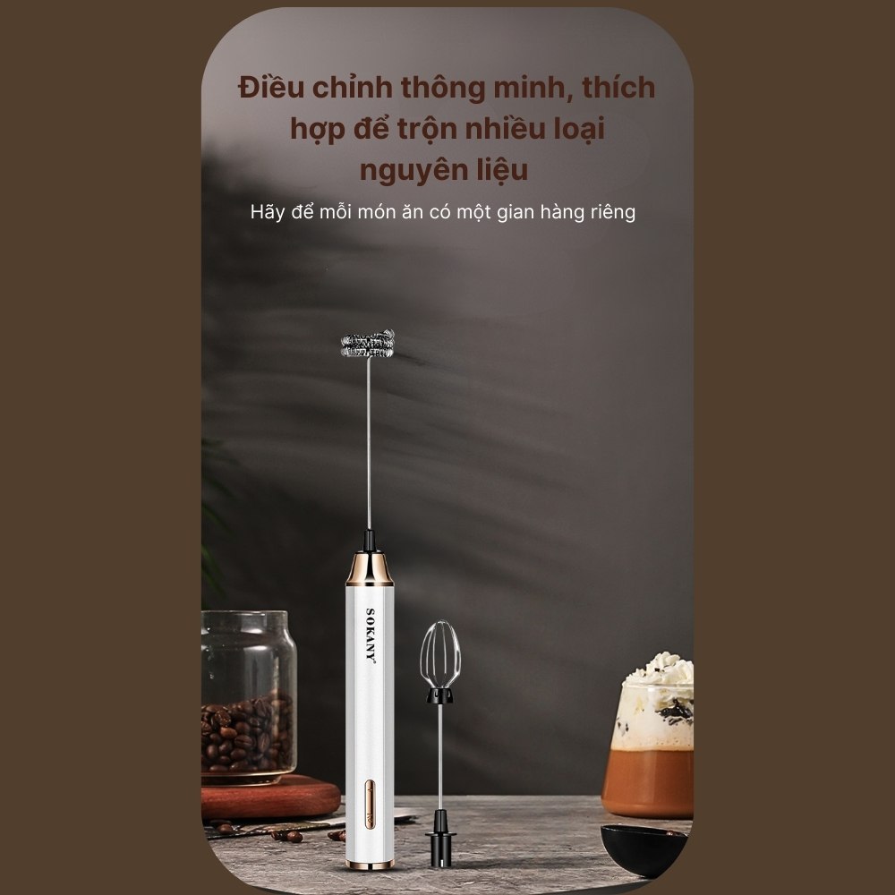 Máy đánh bọt cầm tay KHÔNG DÂY SOKANY SK02018 đa năng 2in 1, đánh trứng, tạo bọt, có sạc USB tiện lợi - HÀNG CHÍNH HÃNG