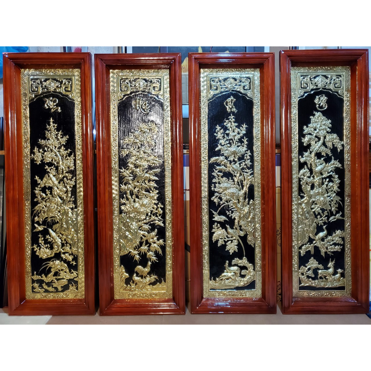 BỘ TỨ QUÝ ĐỒNG VÀNG LIỀN TẤM THÚC GÒ THỦ CÔNG ( TÙNG CÚC TRÚC MAI) KHỔ 40cm*120cm