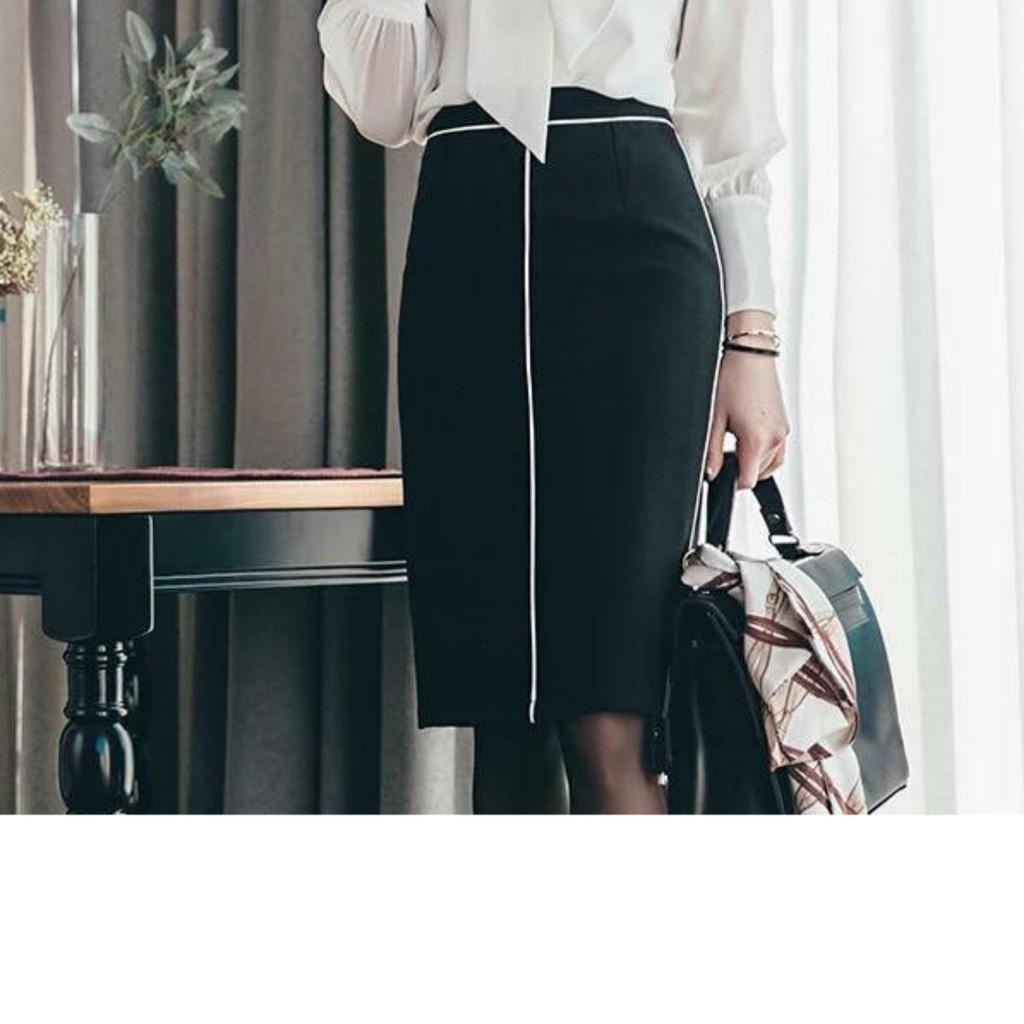 Chân váy bút chì đen viền trắng