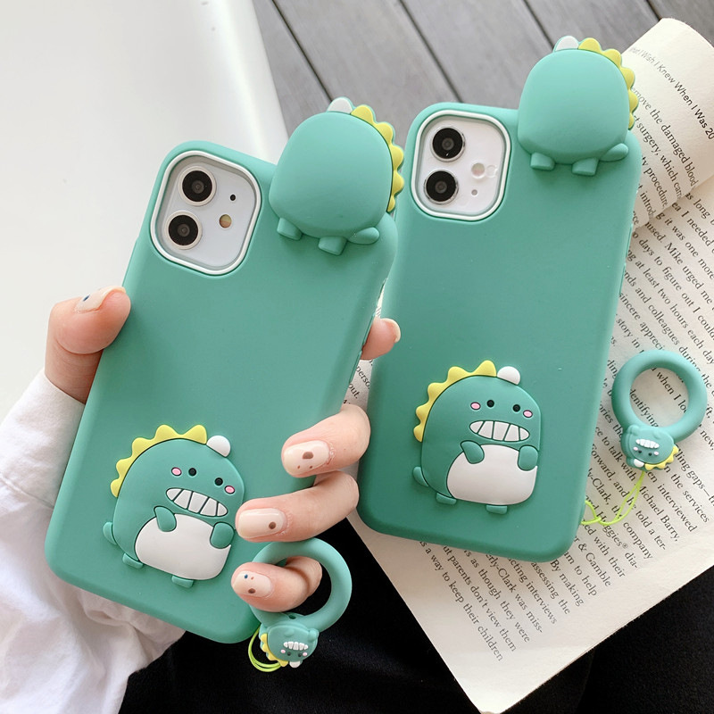 Ốp lưng Silicon cho iPhone 12 Mini / 12 / 12 Pro / 12 Pro Max Khủng Long Xanh Kèm Móc Ring