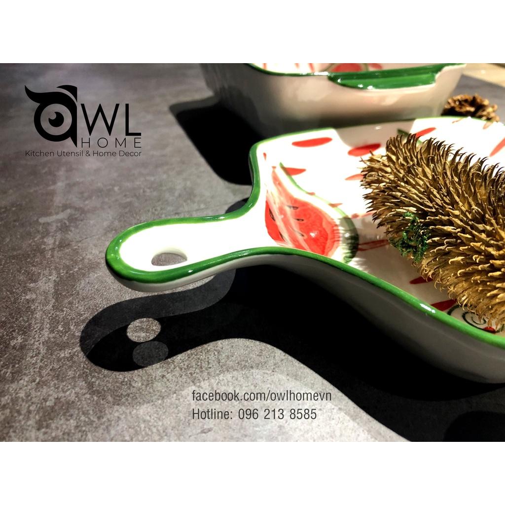Thố vuông có tay cầm họa tiết trái cây banana/water melon ceramic