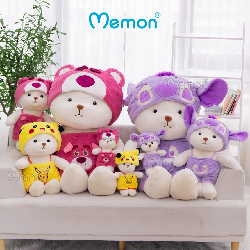 Gấu Bông Teddy Lena Đội Mũ Đeo Yếm Lotso, Stitch, Pikachu Cực Cute 28cm - 55cm Cao Cấp Memon