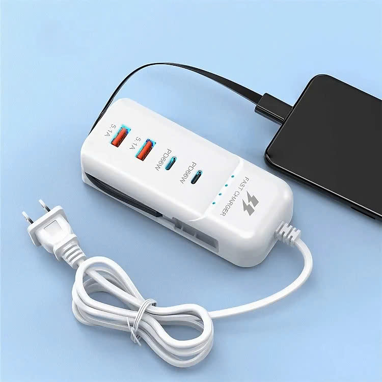 Ổ cắm sạc nhanh điện thoại 4 cổng đa năng 2PD+2USB Type-c kèm dây sạc 66w - Hàng chính hãng