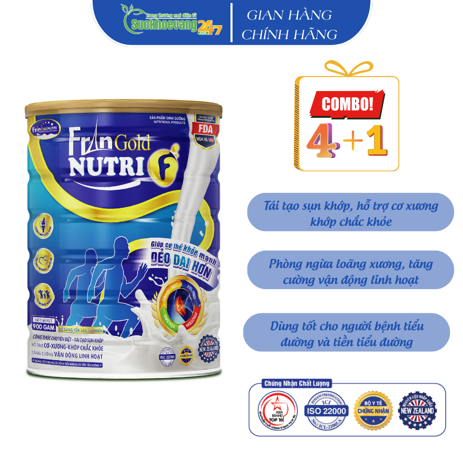 Sữa bột FranGold Nutri F giúp phòng ngừa loãng xương, tái tạo sụn khớp, dùng được cho người tiểu đường - Lon 900g 