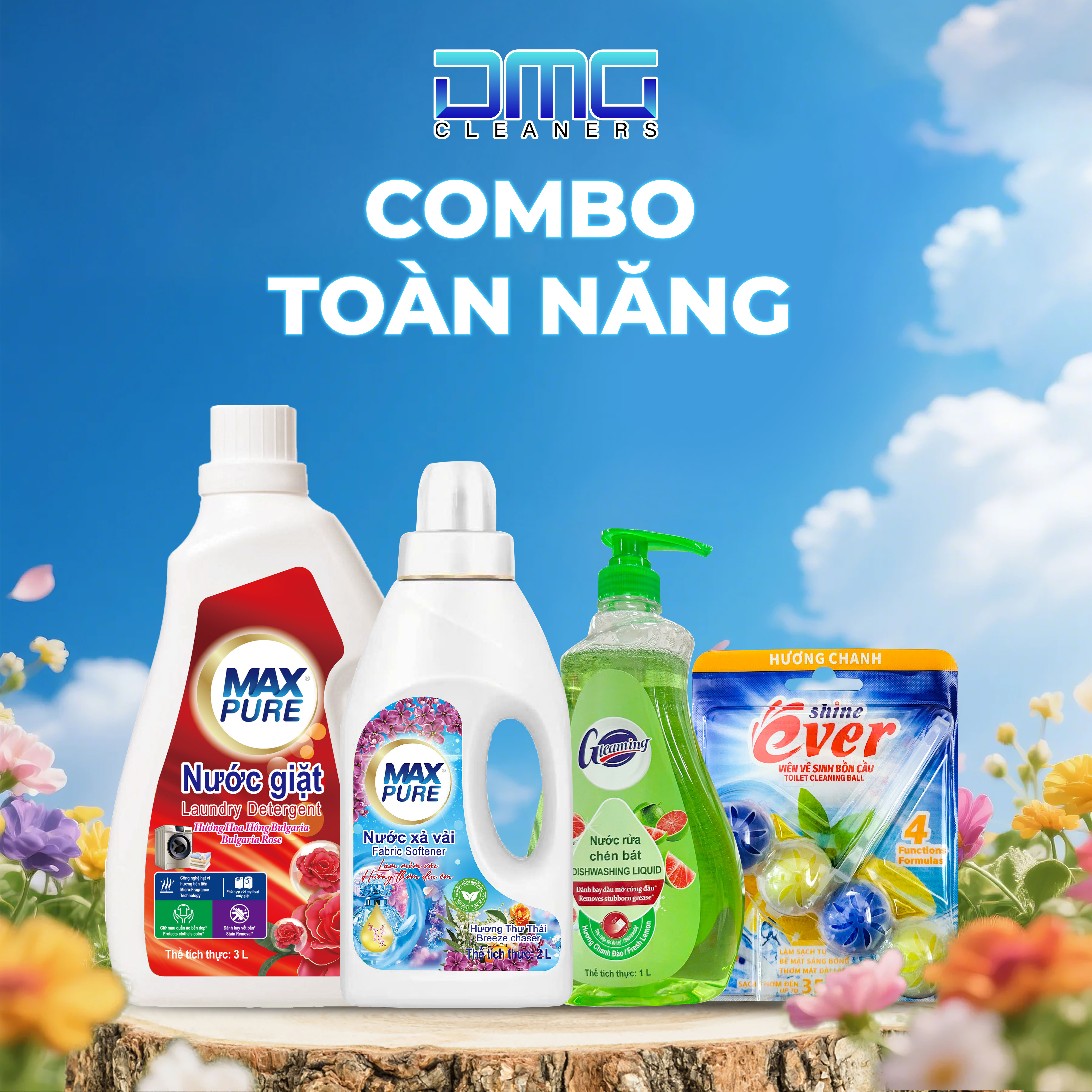 Combo Toàn Năng 4 Món: 1 Chai Nước Giặt Hoa Hồng + 1 Chai Xả Thư Thái + 1 Chai Rửa Chén Chanh Đào + 1 Viên Treo Chanh