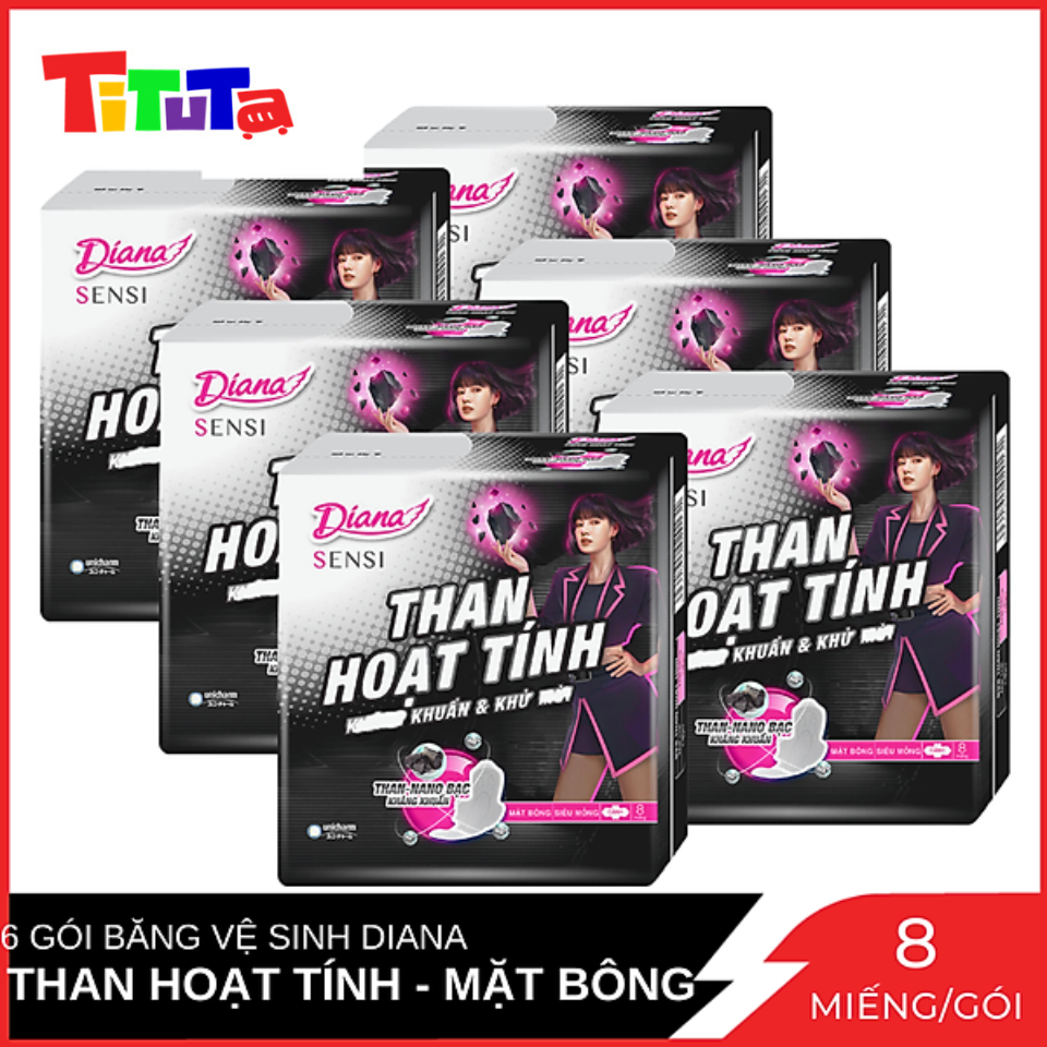 Combo 6 Gói Băng Vệ Sinh Diana Than Hoạt Tính mặt bông siêu thấm siêu mỏng cánh Gói 8 miếng x6